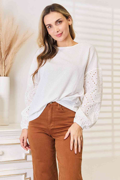White Eyelet Dropped Shoulder Round Neck Blouse