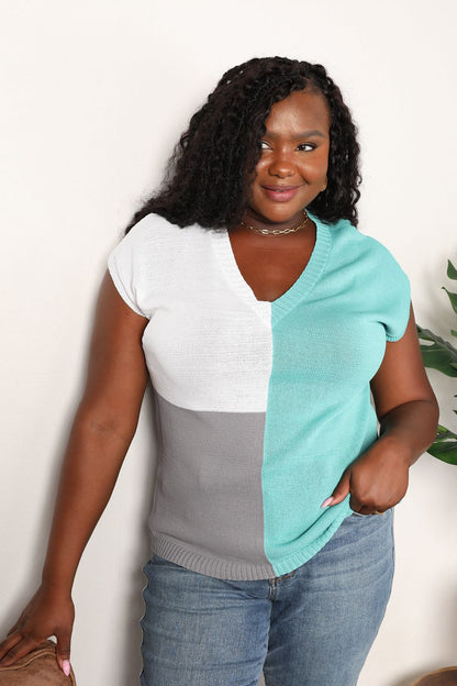Color Block V-Neck Knit Top in Teal