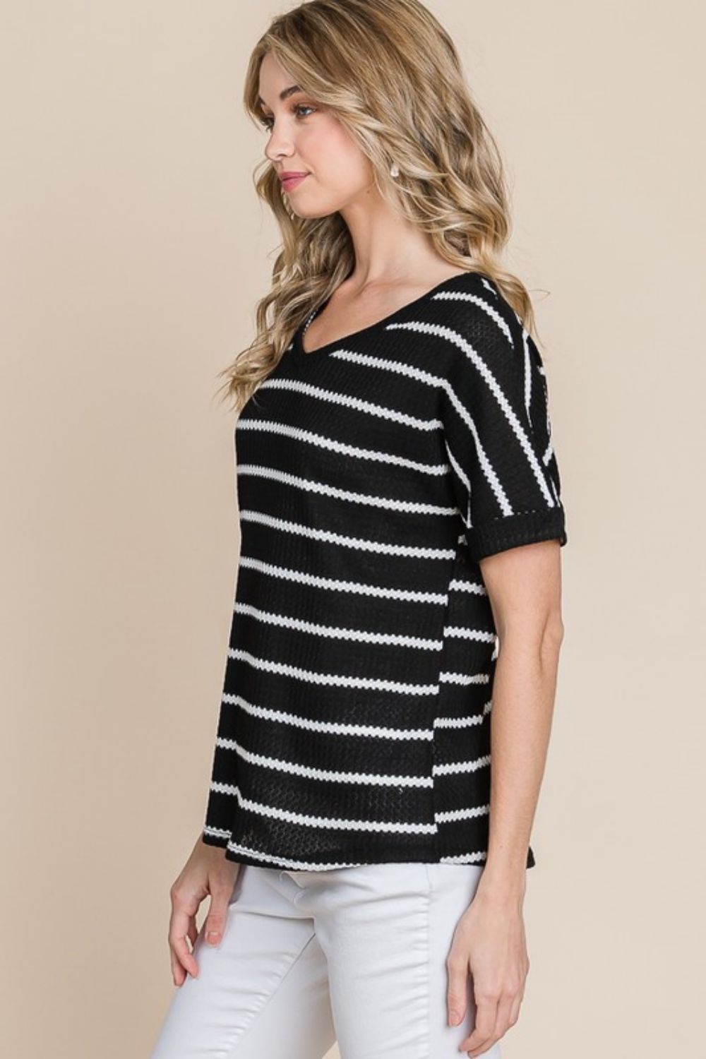 Simple Goals Waffle Knit Striped Tee in Black (MADE IN USA)