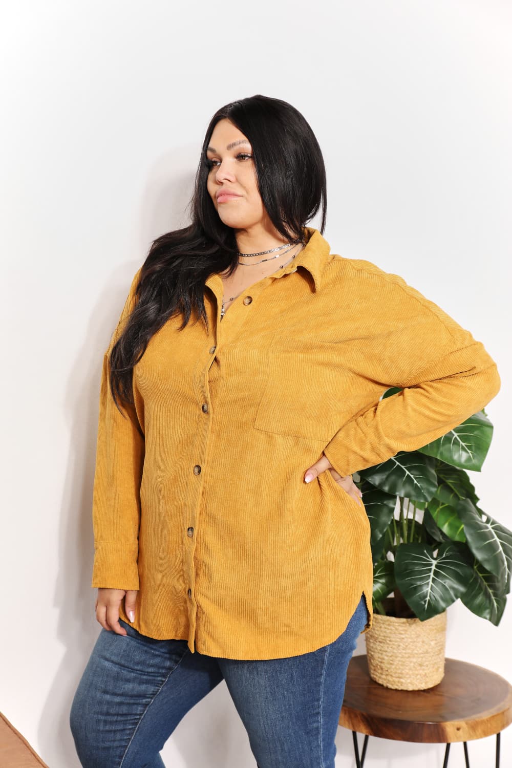 Oversized Corduroy  Button-Down Tunic Shirt with Bust Pocket in Mustard