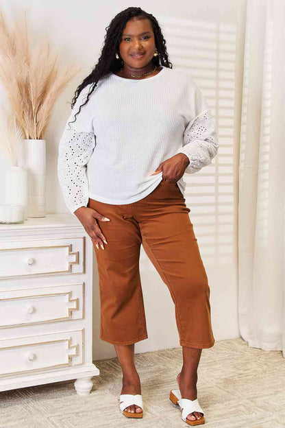 White Eyelet Dropped Shoulder Round Neck Blouse