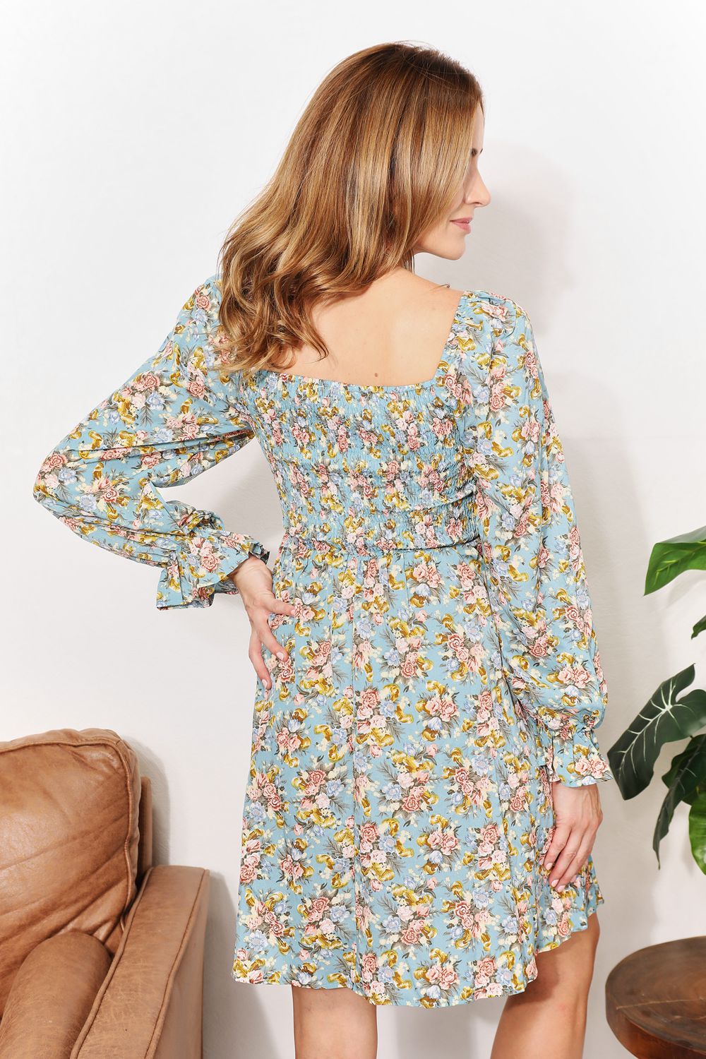 Floral Smocked Flounce Sleeve Square Neck Dress in Floral