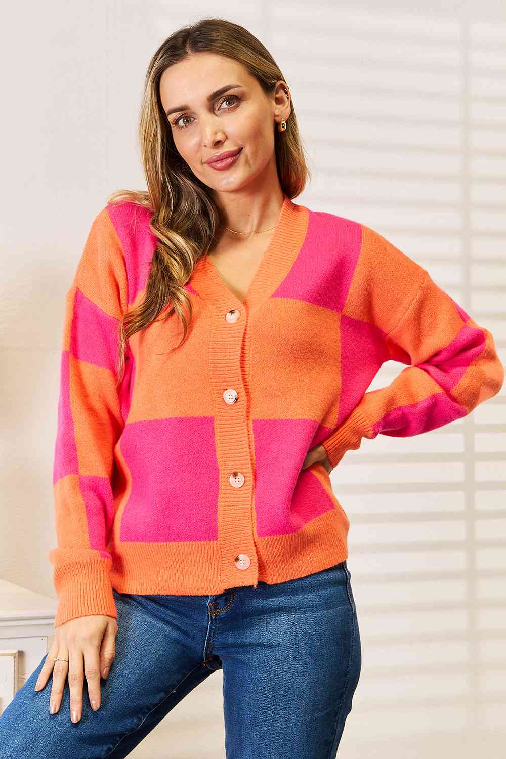 Checkered V-Neck Dropped Shoulder Cardigan in Hot Pink