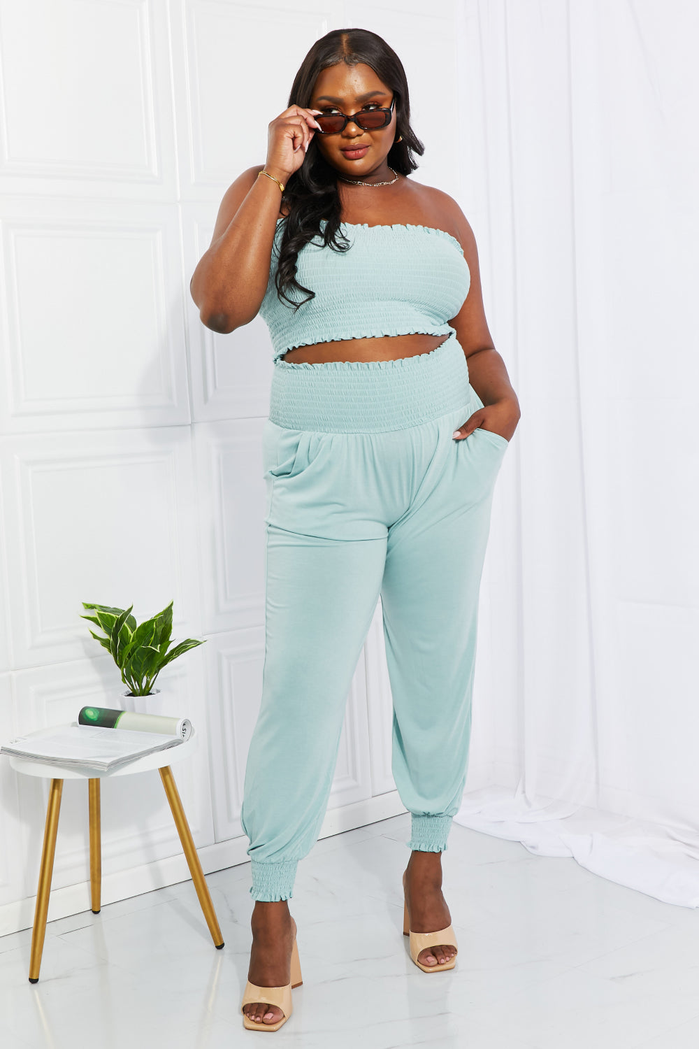 Stylish Comfort Smocked Tube Top & Joggers Set in Light Green