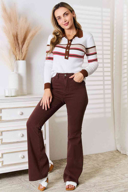 Striped Collared Neck Rib-Knit Top in Beige