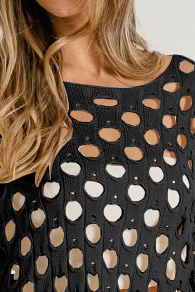 Black Hollowed Out Long Sleeve Knit Top
