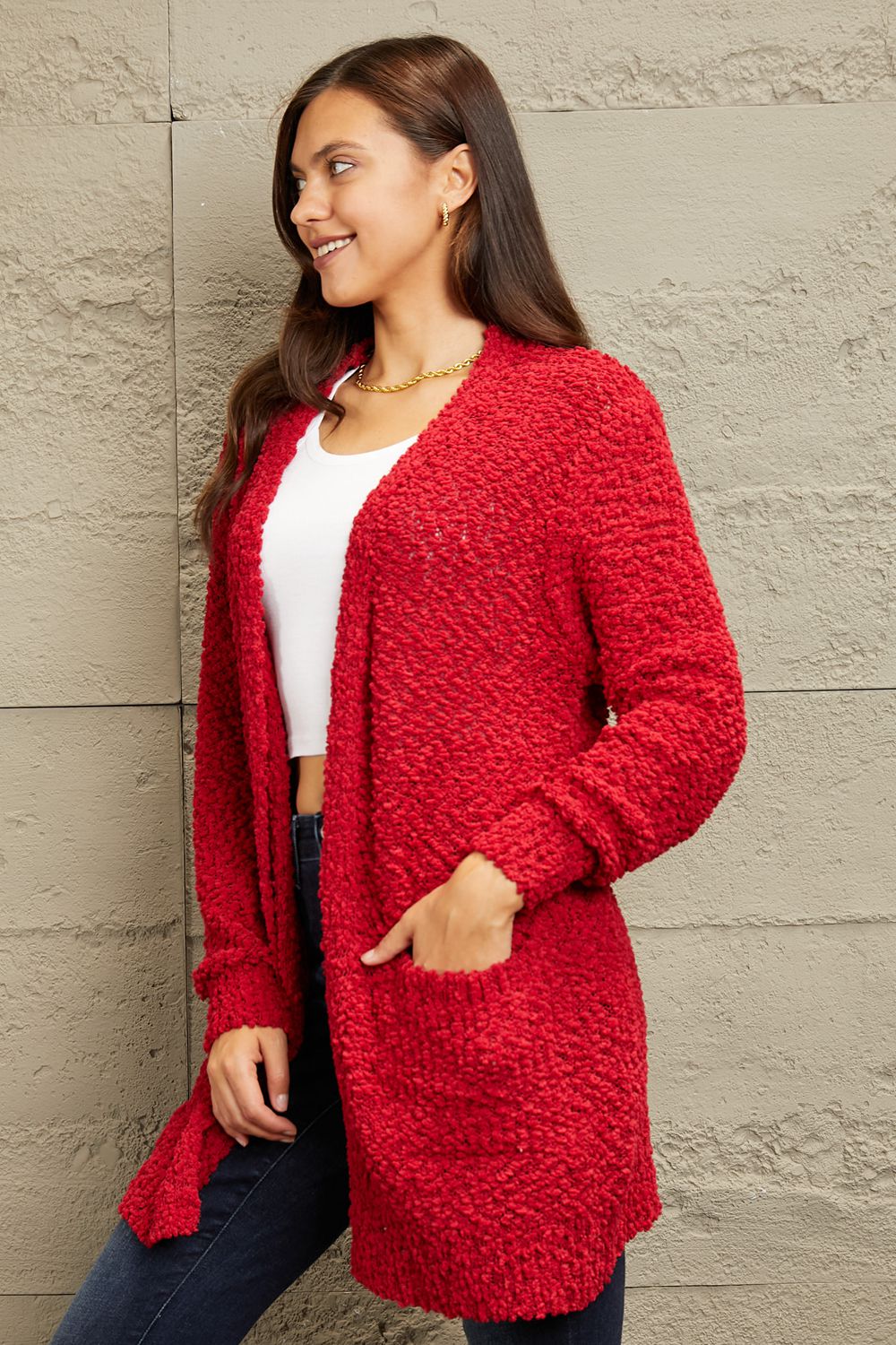 Falling For You Open Front Popcorn Cardigan in Red