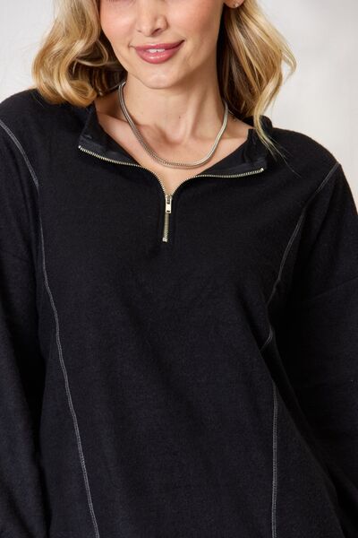 Half Zip Brushed Terry Long Sleeve Top in Black