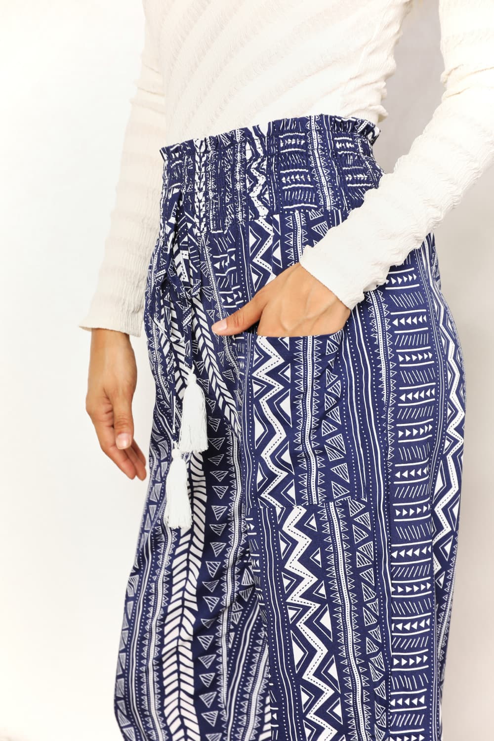 Geometric Print Tassel High-Rise Pants in Navy