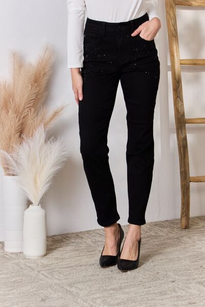 Judy Blue Rhinestone Embellishment Slim Jeans in Black