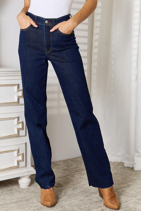Judy Blue Dark Raw Hem Straight Leg Jeans with Pockets