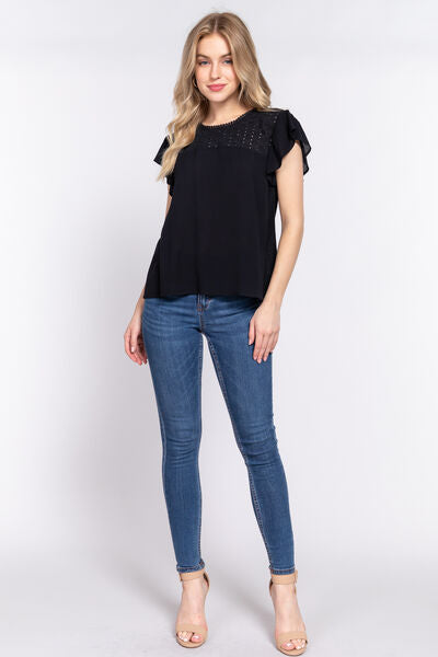 Black Ruffle Short Sleeve Crochet Blouse