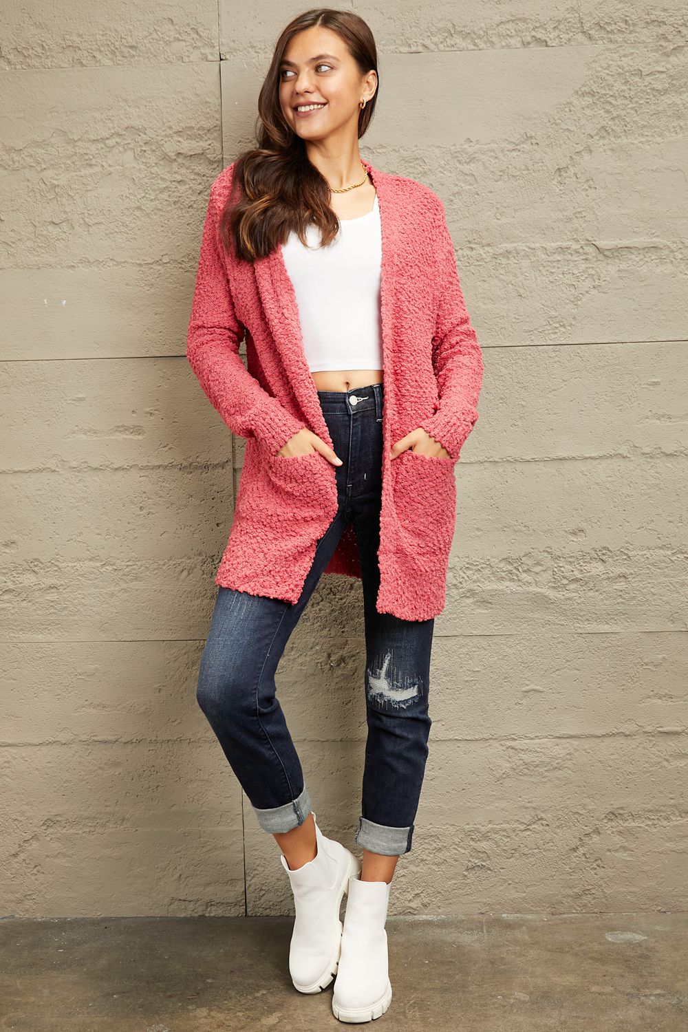 Falling For You Open Front Popcorn Cardigan in Strawberry