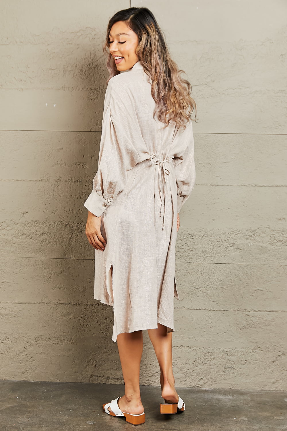 Hold Me Close Button Down Dress in Beige