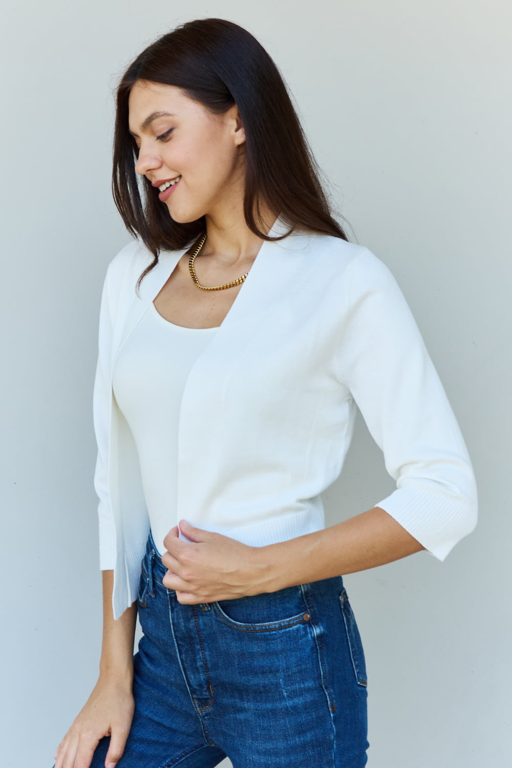 My Favorite Full Size 3/4 Sleeve Cropped Cardigan in Ivory