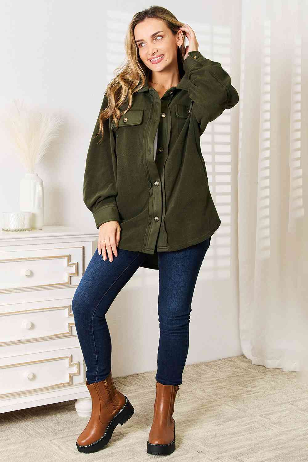 Cozy Girl Button Down Shacket in Army Green