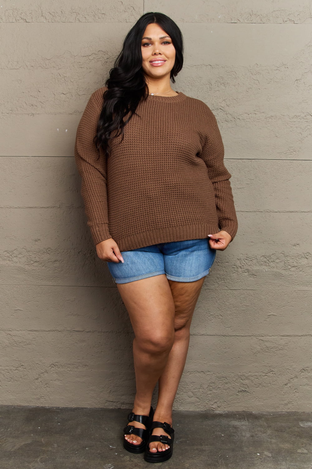 Breezy Days High Low Waffle Knit Sweater in Chestnut