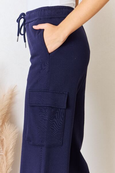 Drawstring Relaxed Cargo Wide Leg Pants in Navy