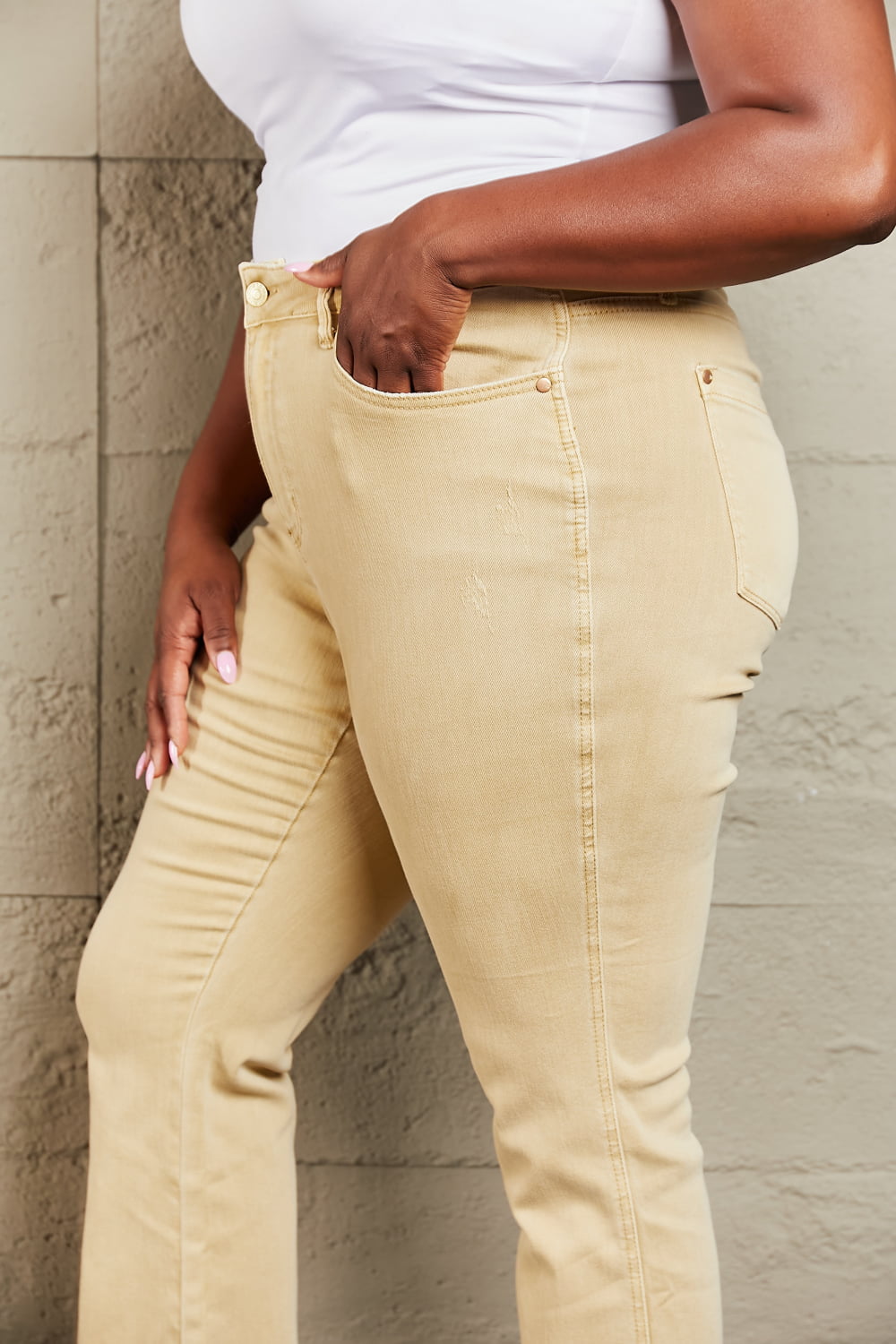 Judy Blue Cailin Mid Rise Garment Dyed Bootcut Jeans in Tan