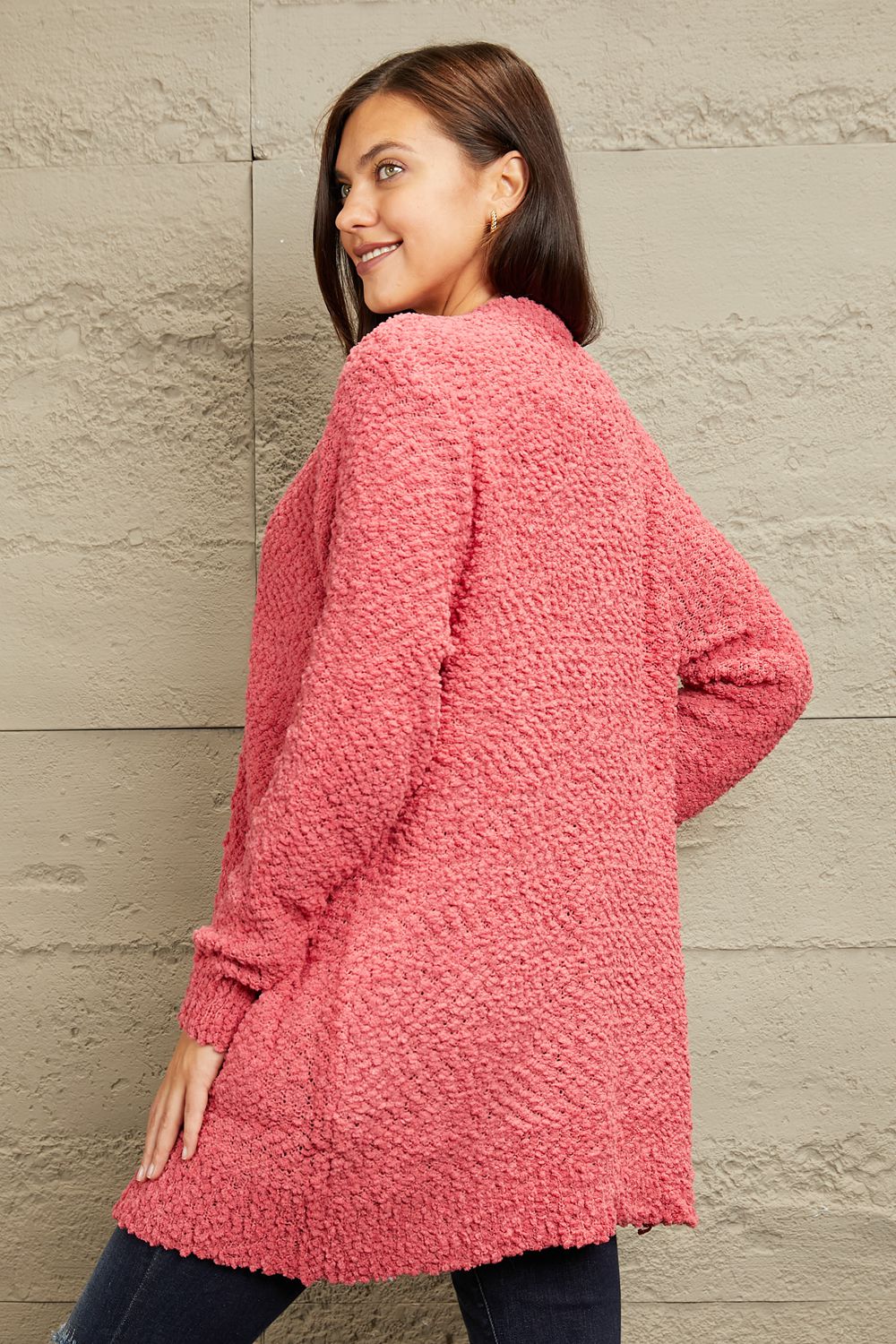 Falling For You Open Front Popcorn Cardigan in Strawberry