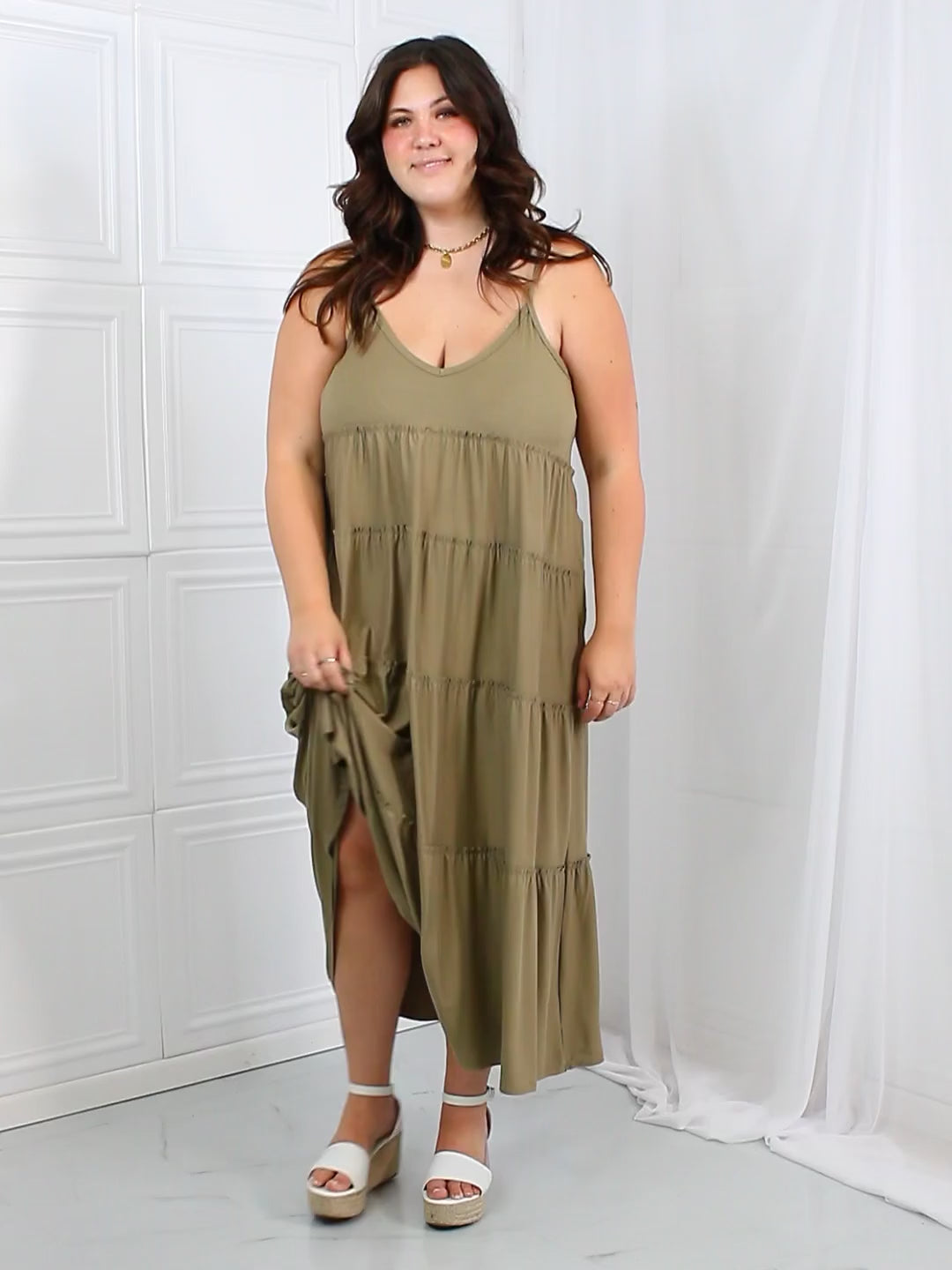 Spaghetti Strap Tiered Dress with Pockets in Khaki