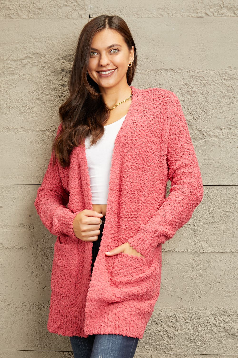 Falling For You Open Front Popcorn Cardigan in Strawberry