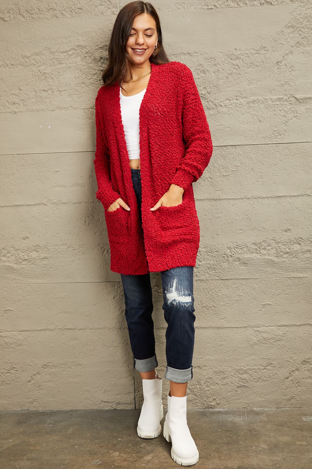Falling For You Open Front Popcorn Cardigan in Red