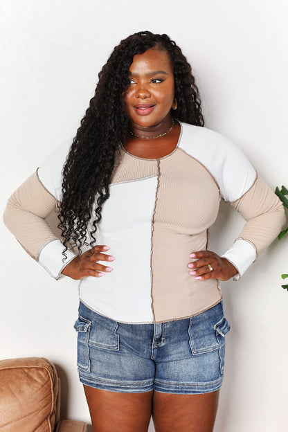 Color Block Exposed Seam Top in Khaki
