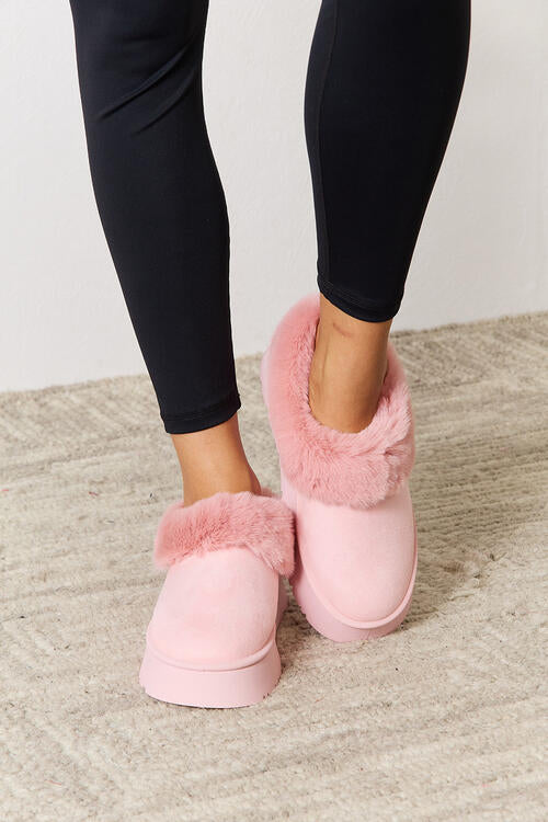Pink Furry Chunky Platform Ankle Boots