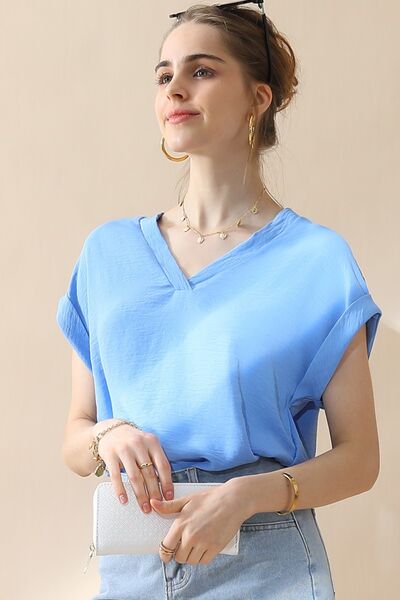 V-Neck Trim Rolled Short Sleeve Shirt in Blue, Black, Lavender or Teal