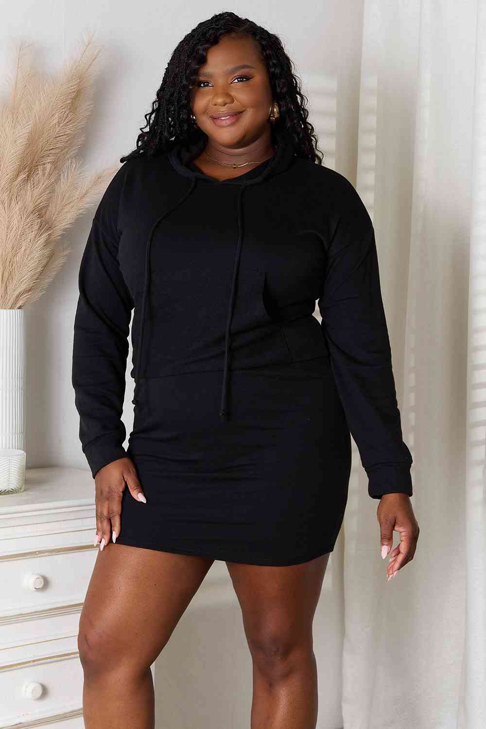 Black Drawstring Long Sleeve Hooded Dress