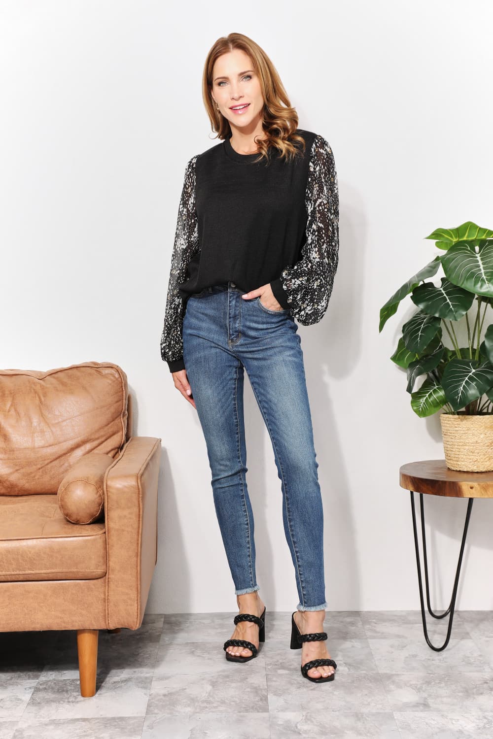 Foil Printed Sleeve Top in Black