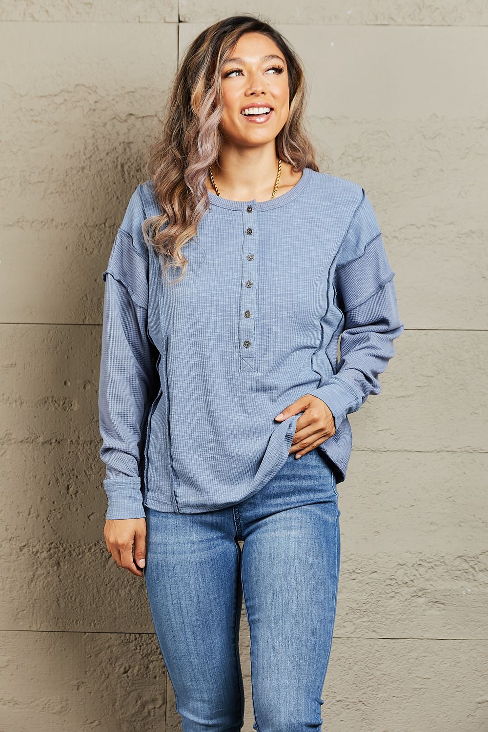 Understand me Oversized Henley Top in Misty Blue