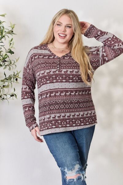 Christmas Element Buttoned Long Sleeve Top