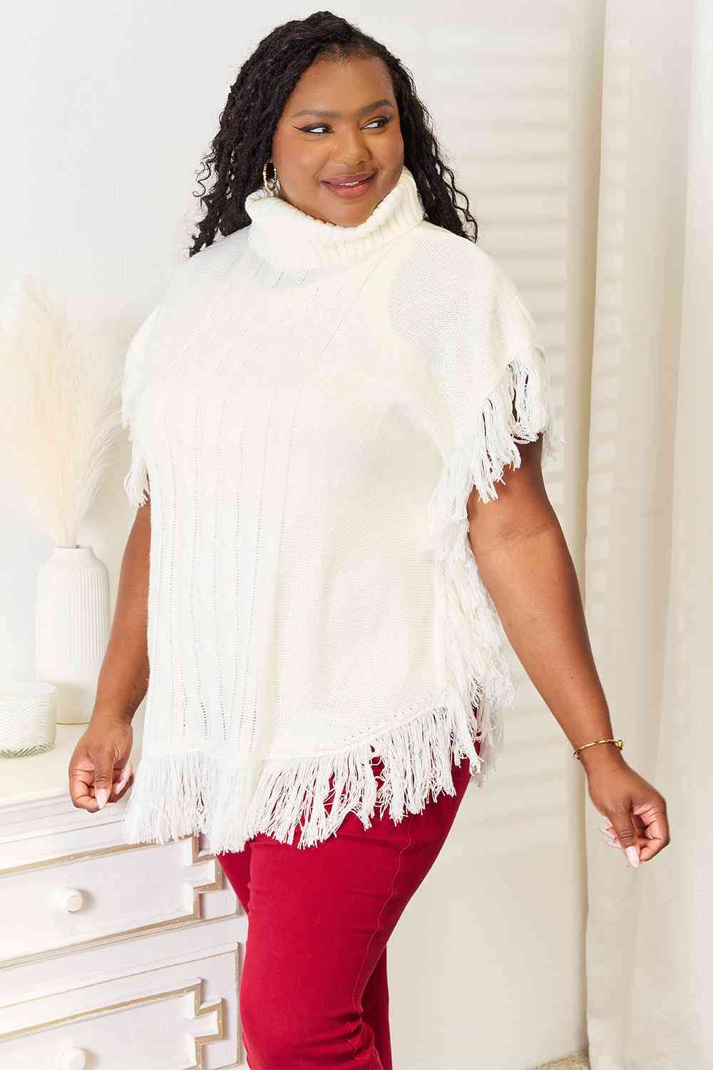 Ivory Turtle Neck Fringe Poncho