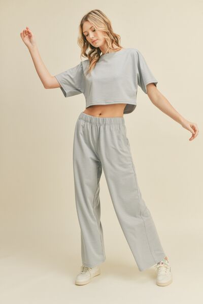 Short Sleeve Cropped Top and Wide Leg Pants Set in Blue