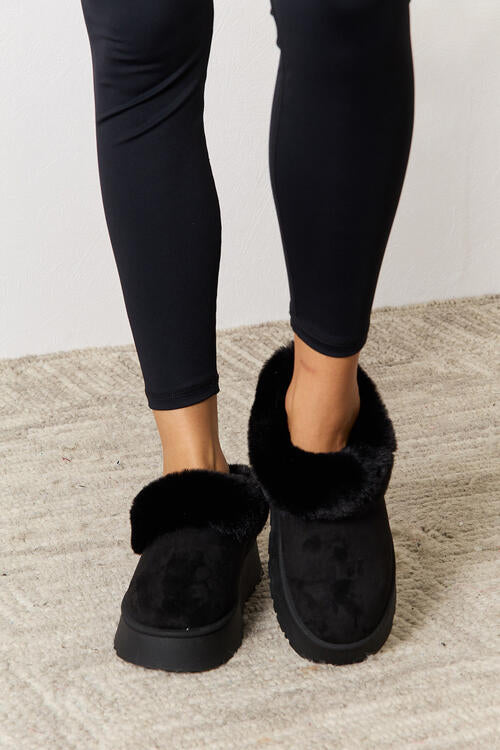 Black Furry Chunky Platform Ankle Boots