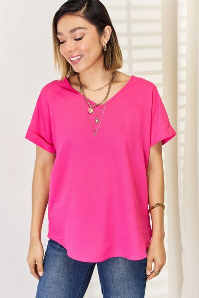 Hot Pink V-Neck Short Sleeve T-Shirt