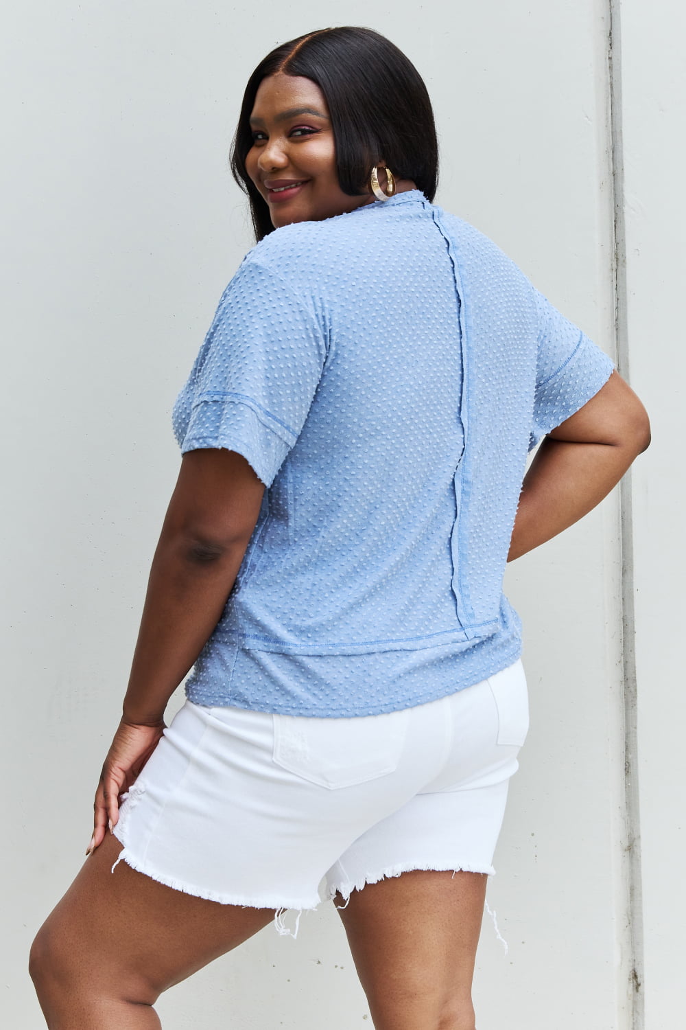 Swiss Dot Reverse Stitch Top in Pastel Blue (MADE IN USA)