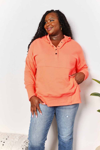 Quarter-Snap Dropped Shoulder Hoodie in Tangerine