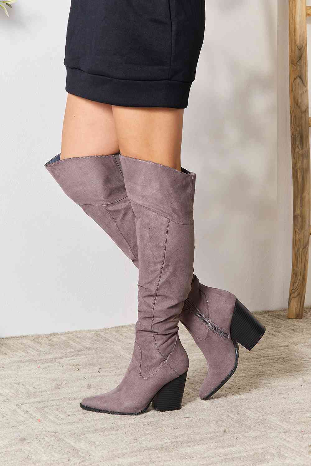 Grey Faux Sued Block Heel Knee High Boots