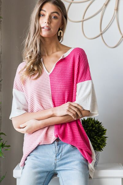 Fuchsia Contrast Waffle-Knit Half Sleeve Top with V-Neck