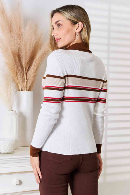 Striped Collared Neck Rib-Knit Top in Beige