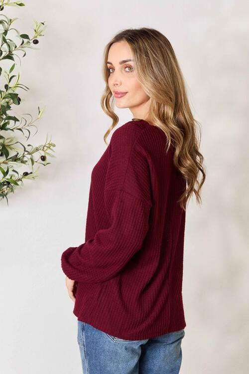 Dark Burgundy Buttoned V-Neck Long Sleeve Blouse