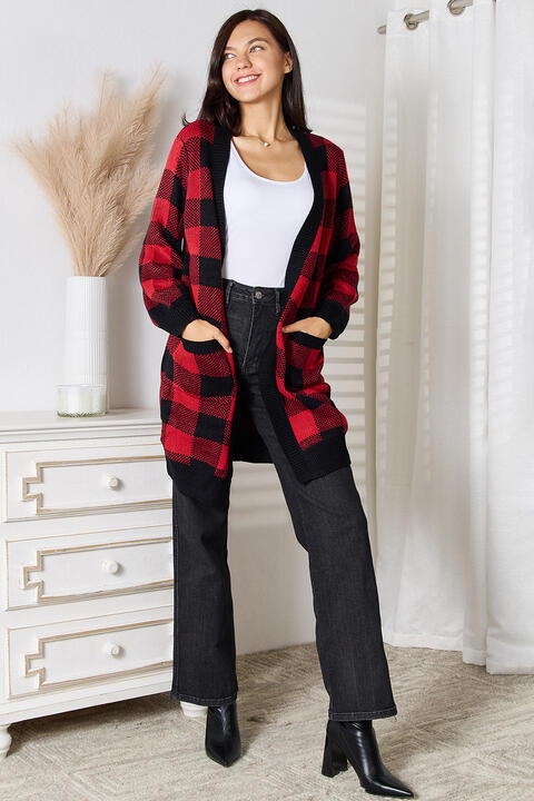 Red & Black Plaid Open Front Cardigan with Pockets
