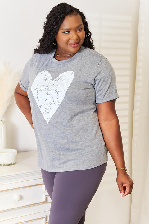 Heart Graphic Cuffed T-Shirt in Heather Grey