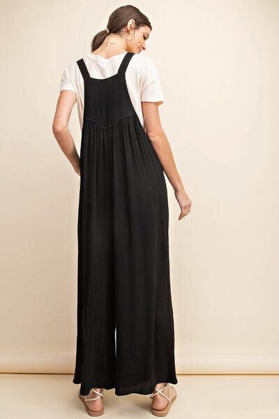 Ruched Wide Leg Overalls in Black