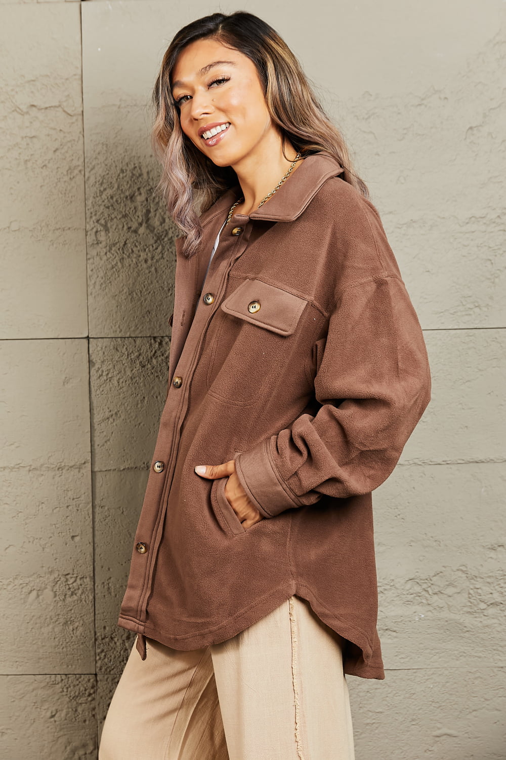 Cozy Girl Button Down Shacket in Coffee Brown