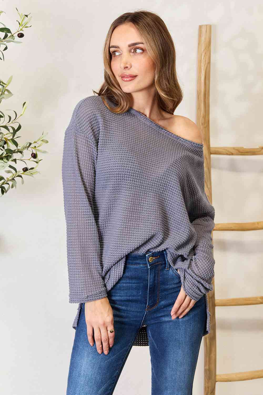 Charcoal Waffle-Knit Round Neck Long Sleeve Slit Top