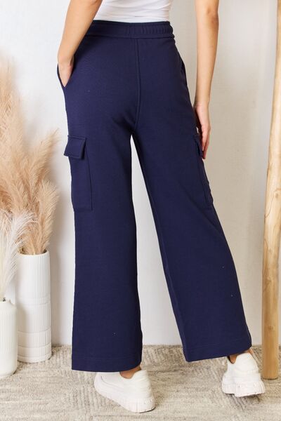 Drawstring Relaxed Cargo Wide Leg Pants in Navy